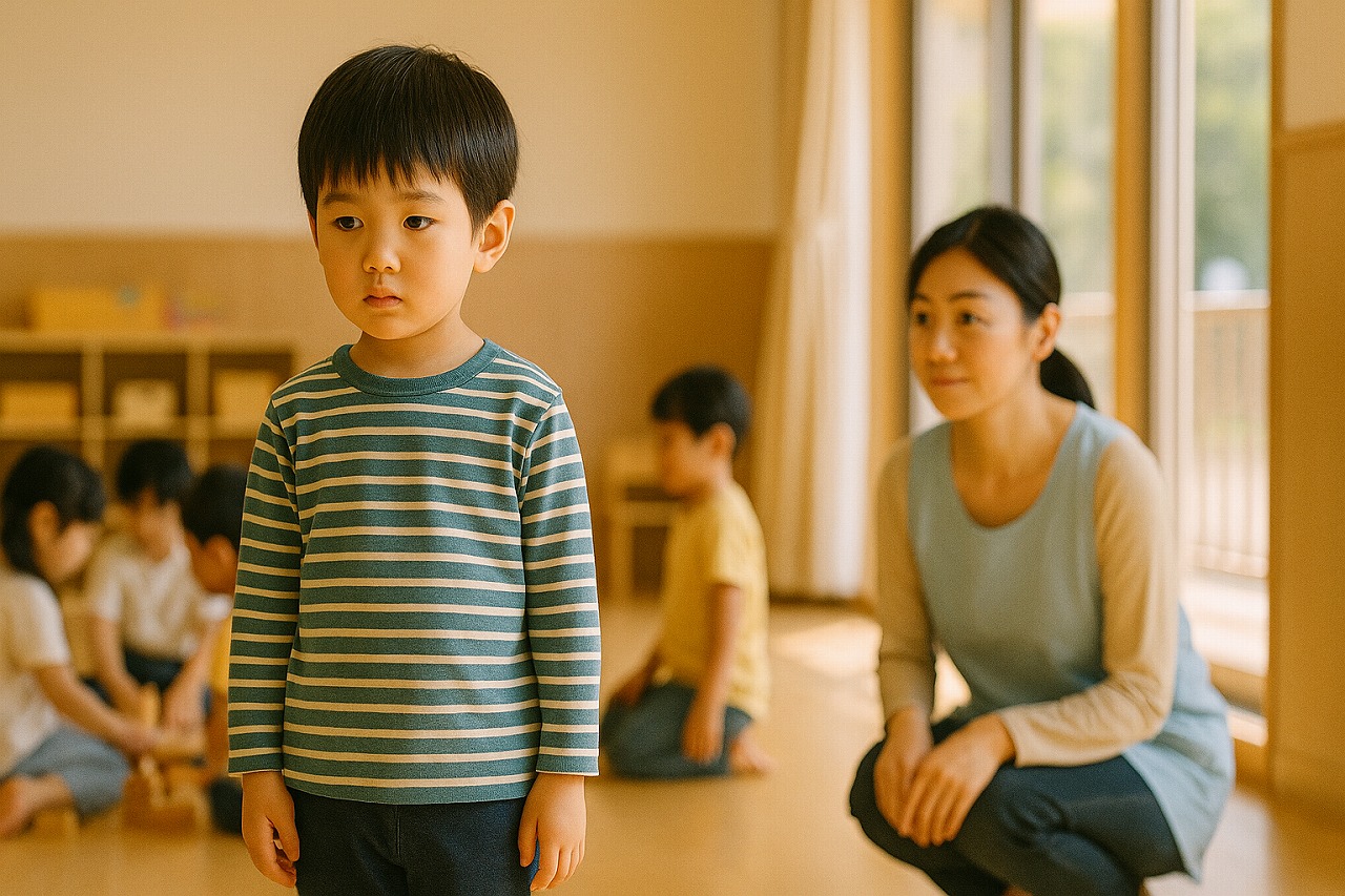 友だちの輪に入りたそうに見つめる子どもを、保育士がやさしく見守っている場面。