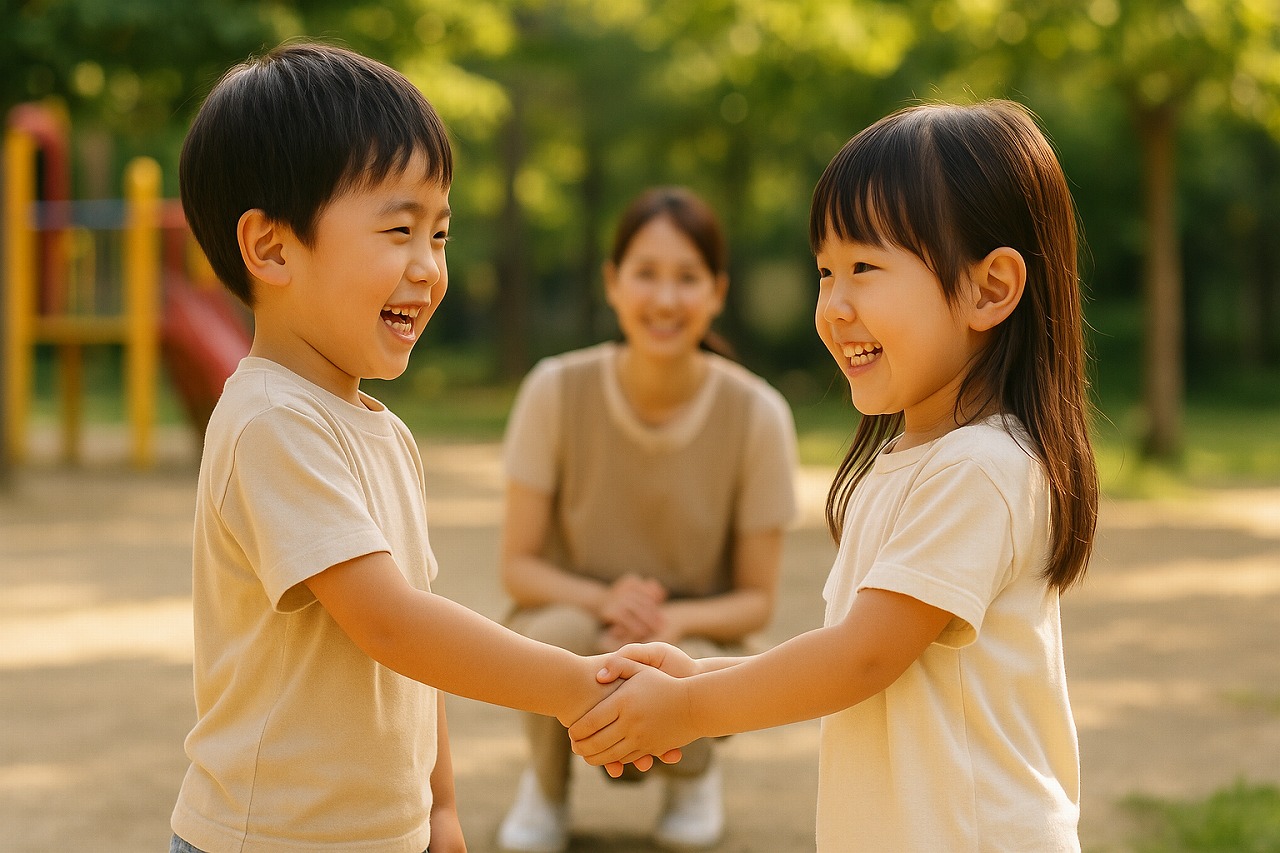 仲直りした2人の園児が手をつなぎ、保育士が微笑みながら見守る穏やかな園庭の様子。