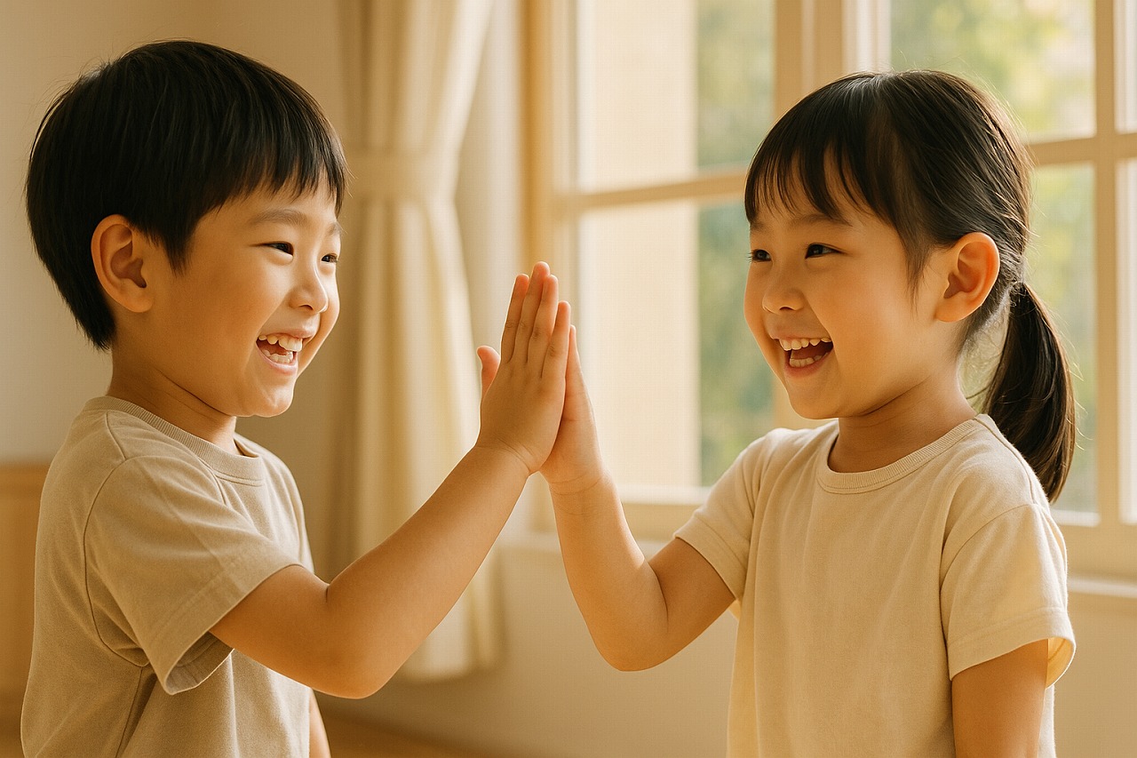 仲直りした子どもたちがハイタッチして笑顔を交わす。温かい雰囲気の室内。