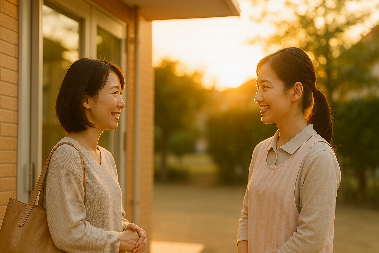 保護者と保育士が連絡帳を手に話している。夕方の柔らかな光が差し込む玄関前。