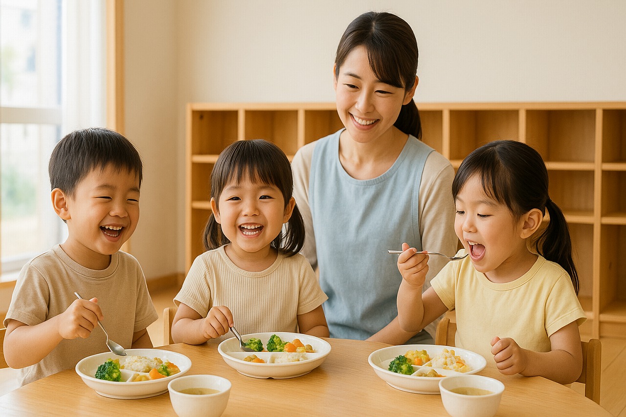 保育園で先生が見守る中、園児たちが笑顔で昼食を楽しむ