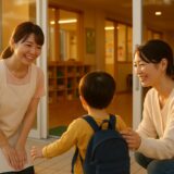 夕方の保育園玄関で、保育士が親子を笑顔で見送る様子。夕日の光があたたかく差し込む、安心感のある風景。