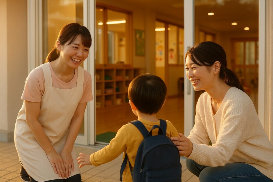 夕方の保育園玄関で、保育士が親子を笑顔で見送る様子。夕日の光があたたかく差し込む、安心感のある風景。