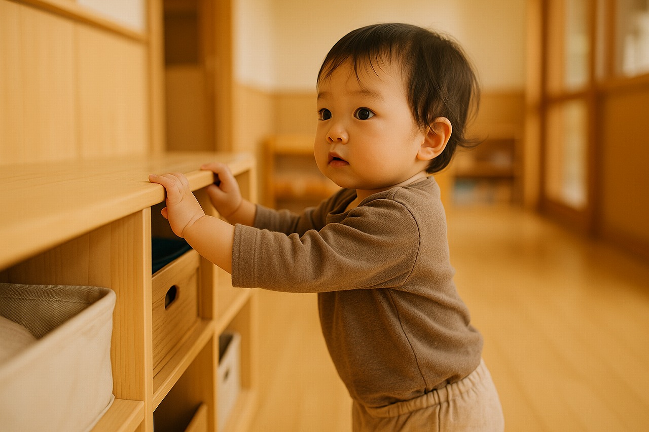 保育室で1歳の幼児が棚につかまり立ちし、周囲を慎重に見ている様子。落ち着いた室内の雰囲気が感じられる写真。