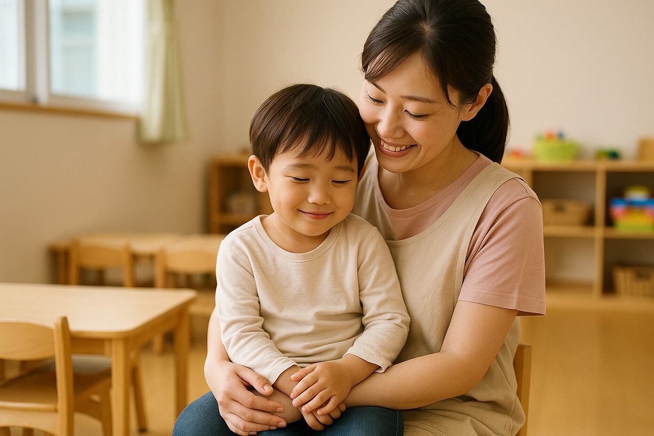 保育士の膝に座り、安心した表情で寄り添う幼児。自然光が柔らかく差し込む保育室での穏やかな様子。