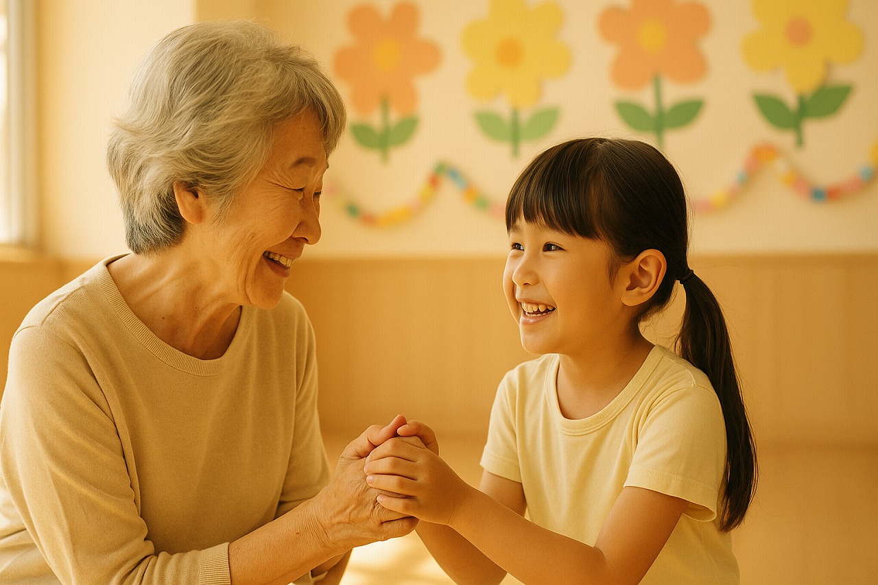 敬老会で祖母と手をつなぎ笑顔で話す園児。穏やかな交流のひととき。