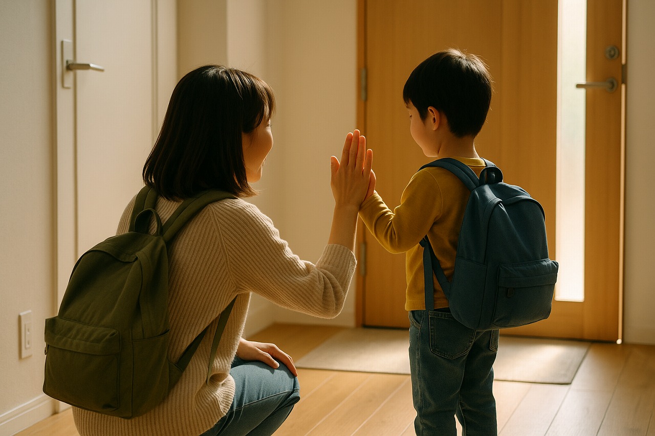 自宅の玄関で、親子が軽くタッチをして登園前の安心の時間を過ごしている後ろ姿。