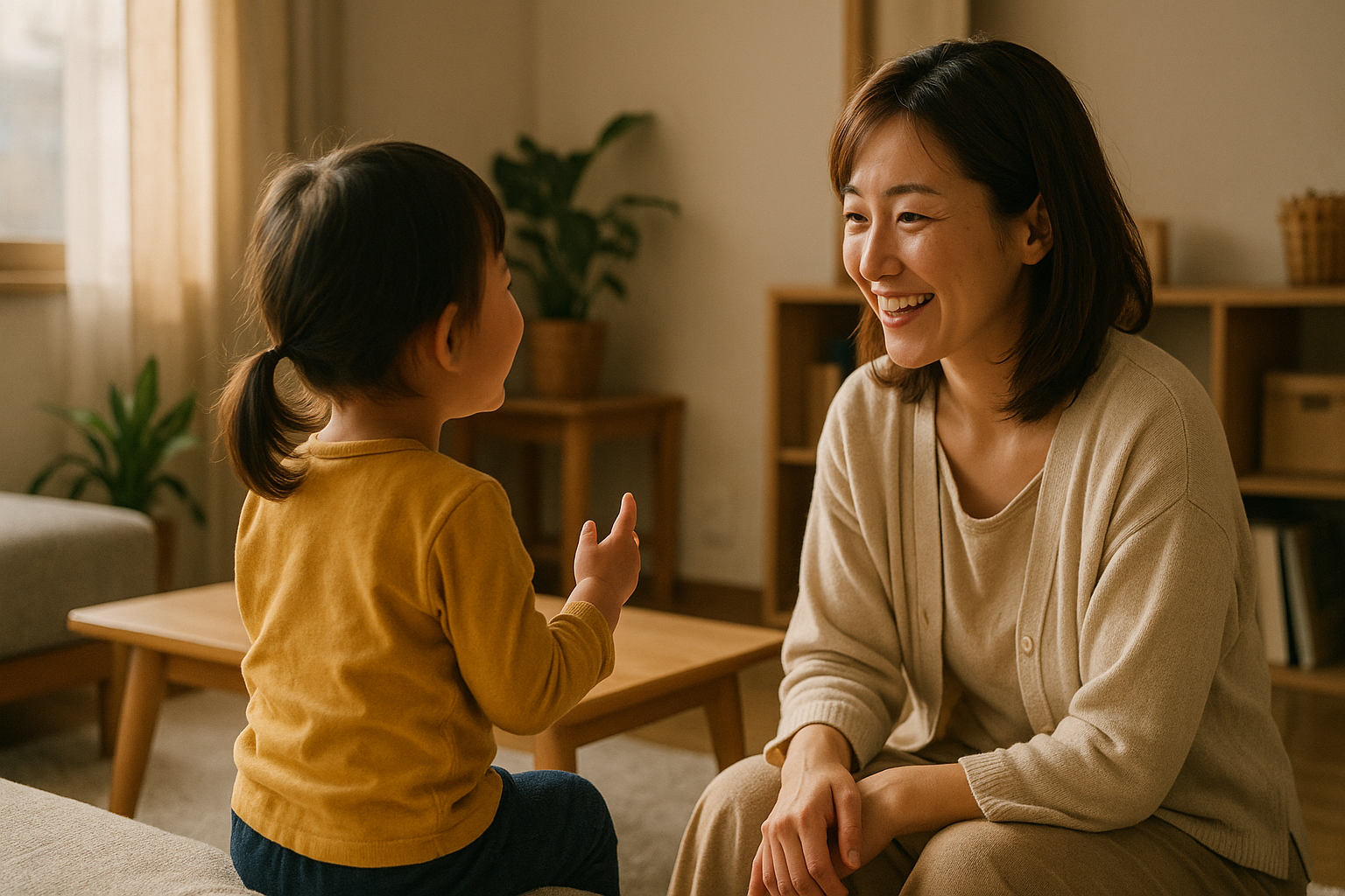 リビングで保護者に一日の出来事を話す3歳児の後ろ姿を写した場面。