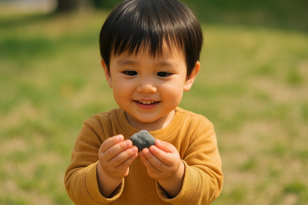 園庭で拾った小石を見せて笑う子ども。光を受けて石がきらりと輝く瞬間。
