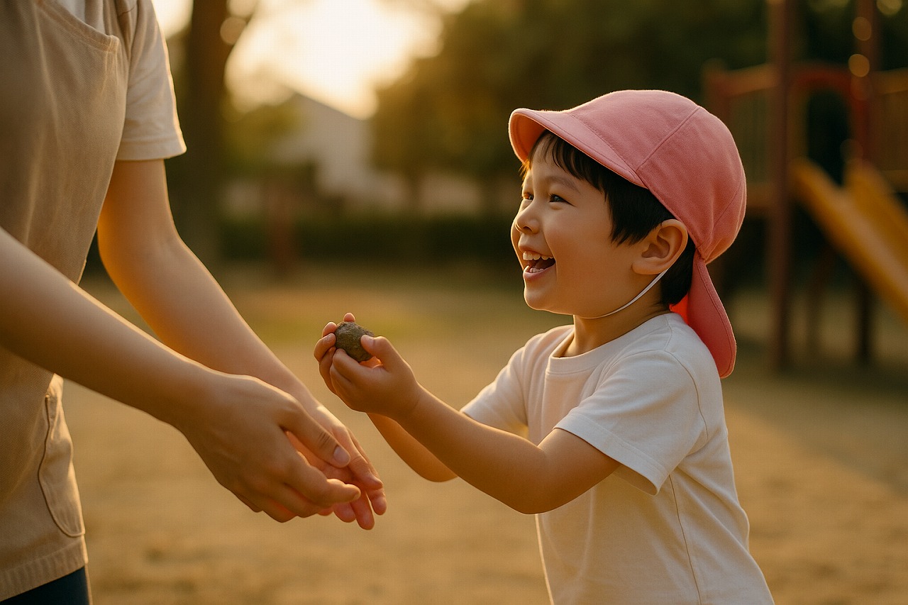 子どもが保育士の手を引きながら笑顔で遊びに誘っている様子。信頼と安心感が伝わる瞬間。