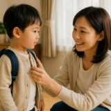 明るいリビングで親が子どもに声をかけながら朝の支度を手伝う様子を撮影した写真。
