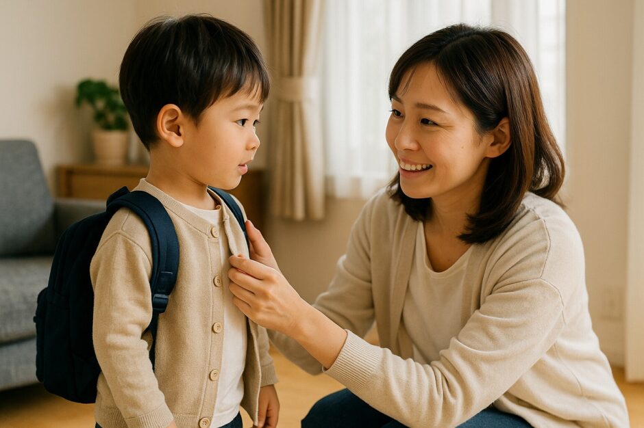 明るいリビングで親が子どもに声をかけながら朝の支度を手伝う様子を撮影した写真。