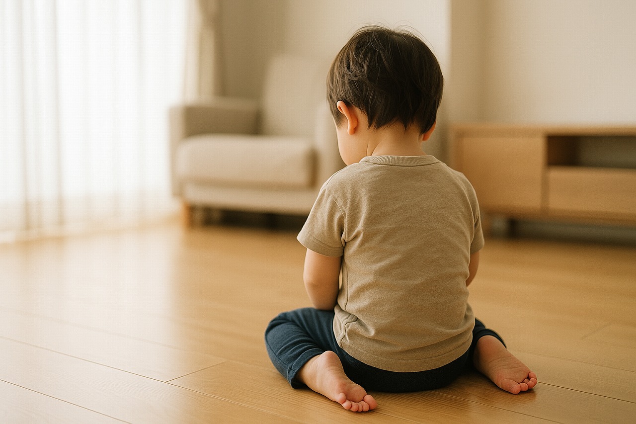 リビングの床に座り込み、イヤイヤしている幼児の後ろ姿をとらえた写真。
