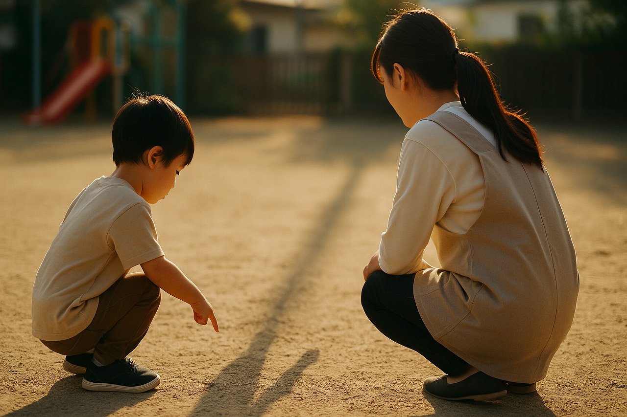 夕方の園庭で、幼児と保育士が地面の長い影を観察している場面。逆光が優しく差し込む保育園の探究の時間。