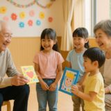 保育園の敬老会で、園児が祖父母にプレゼントを渡している様子。笑顔と感謝が伝わるあたたかな瞬間。