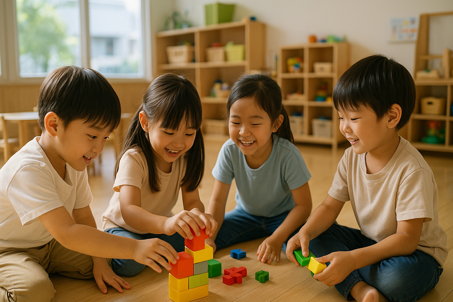幼児たちが協力しながら遊んでいる姿を写した自然なシーン。