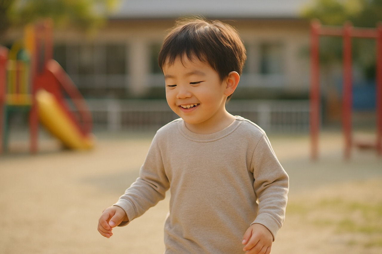 保育園の園庭で、安心した表情で遊ぶ幼い子どもの姿を写した写真。