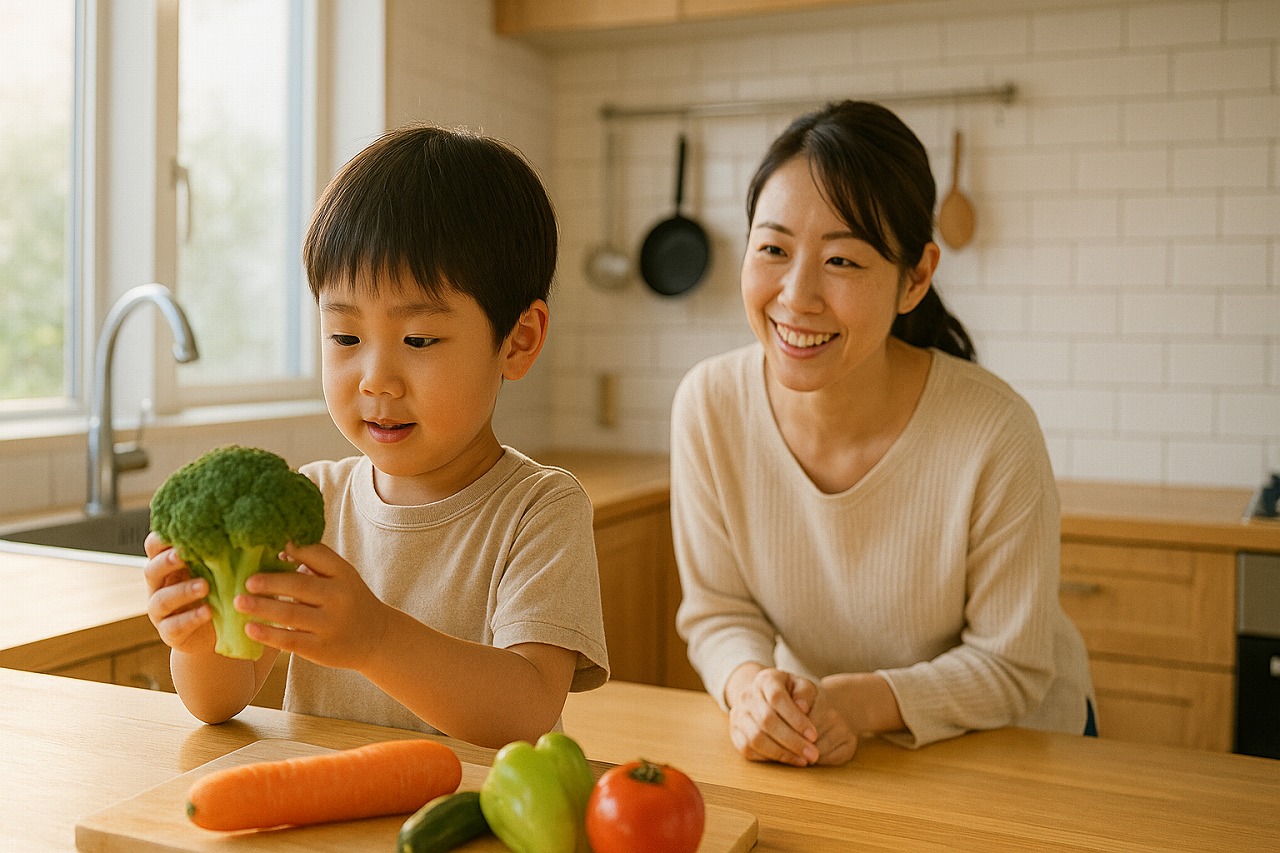 台所で子どもが野菜を手に取り、親が見守る自然な家庭風景