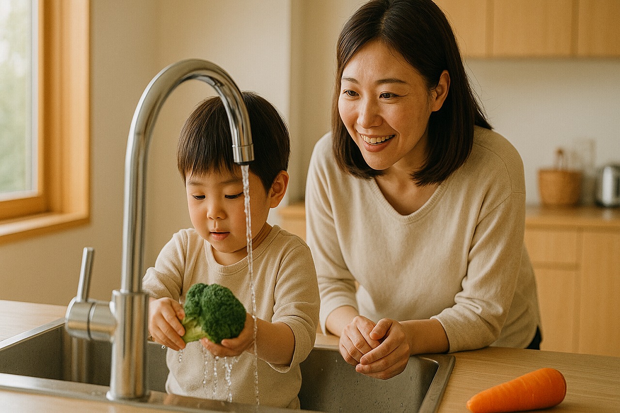 台所で野菜を洗う子どもと、それを笑顔で見守る親。