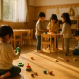 朝の暖かい日が差し込む保育室でじっとおもちゃを見つめる女の子。