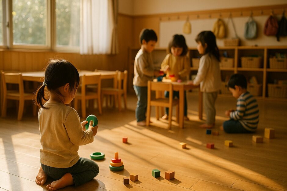 朝の暖かい日が差し込む保育室でじっとおもちゃを見つめる女の子。