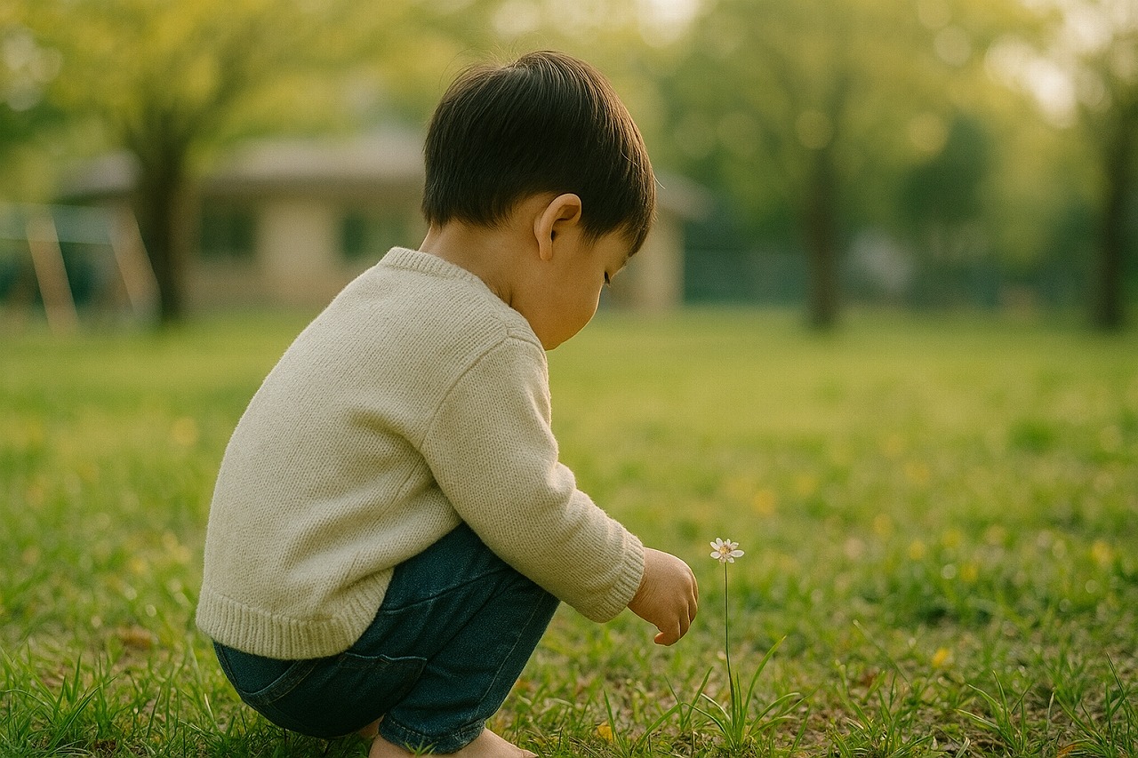 園庭で小さな花を見つめる子どもの後ろ姿。朝の光がやさしく差し込む穏やかな風景。