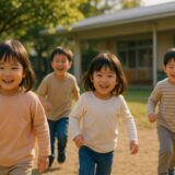 保育園の園庭で、笑顔いっぱいの子どもたちが午後の光の中で遊んでいる様子。寄り添う姿から温かな関係が伝わる写真。