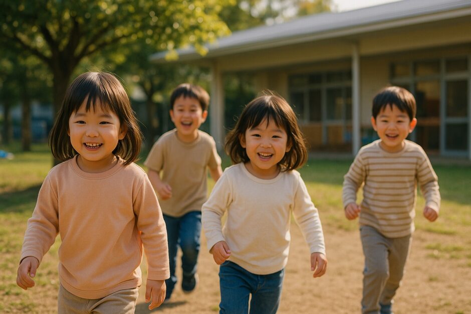 保育園の園庭で、笑顔いっぱいの子どもたちが午後の光の中で遊んでいる様子。寄り添う姿から温かな関係が伝わる写真。