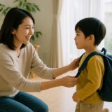 朝のリビングで親が子どもに声をかけながら支度を手伝っている場面を写した写真。