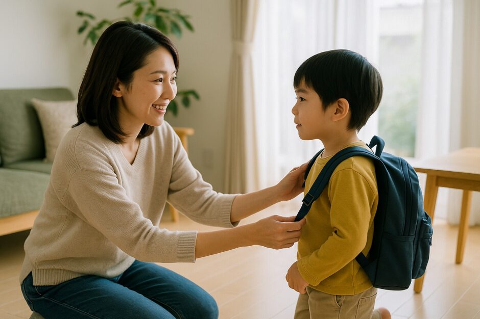 朝のリビングで親が子どもに声をかけながら支度を手伝っている場面を写した写真。