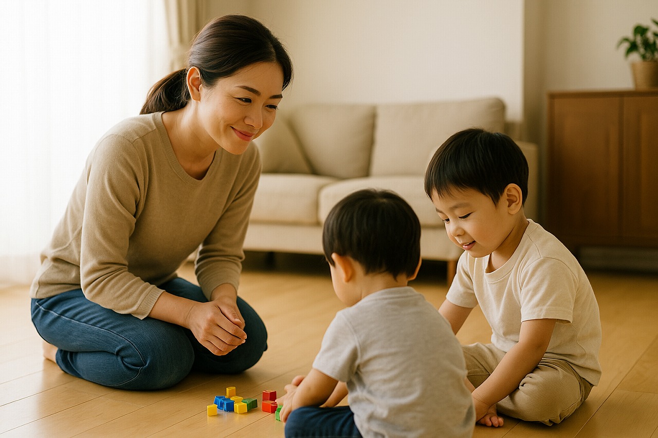 リビングで兄弟を遊ばせながら、親が穏やかな表情で見守っている様子を撮影した写真。