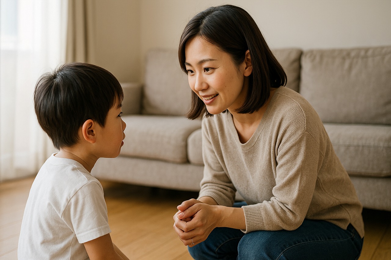 親がしゃがみ、子どもと目線を合わせて優しく話しかけている様子を写した写真。