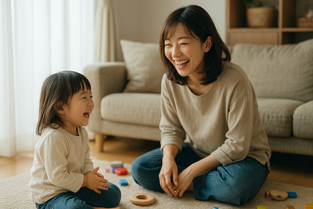 やや散らかった室内で、ママと子どもが顔を見合わせて笑っている日常のワンシーン。
