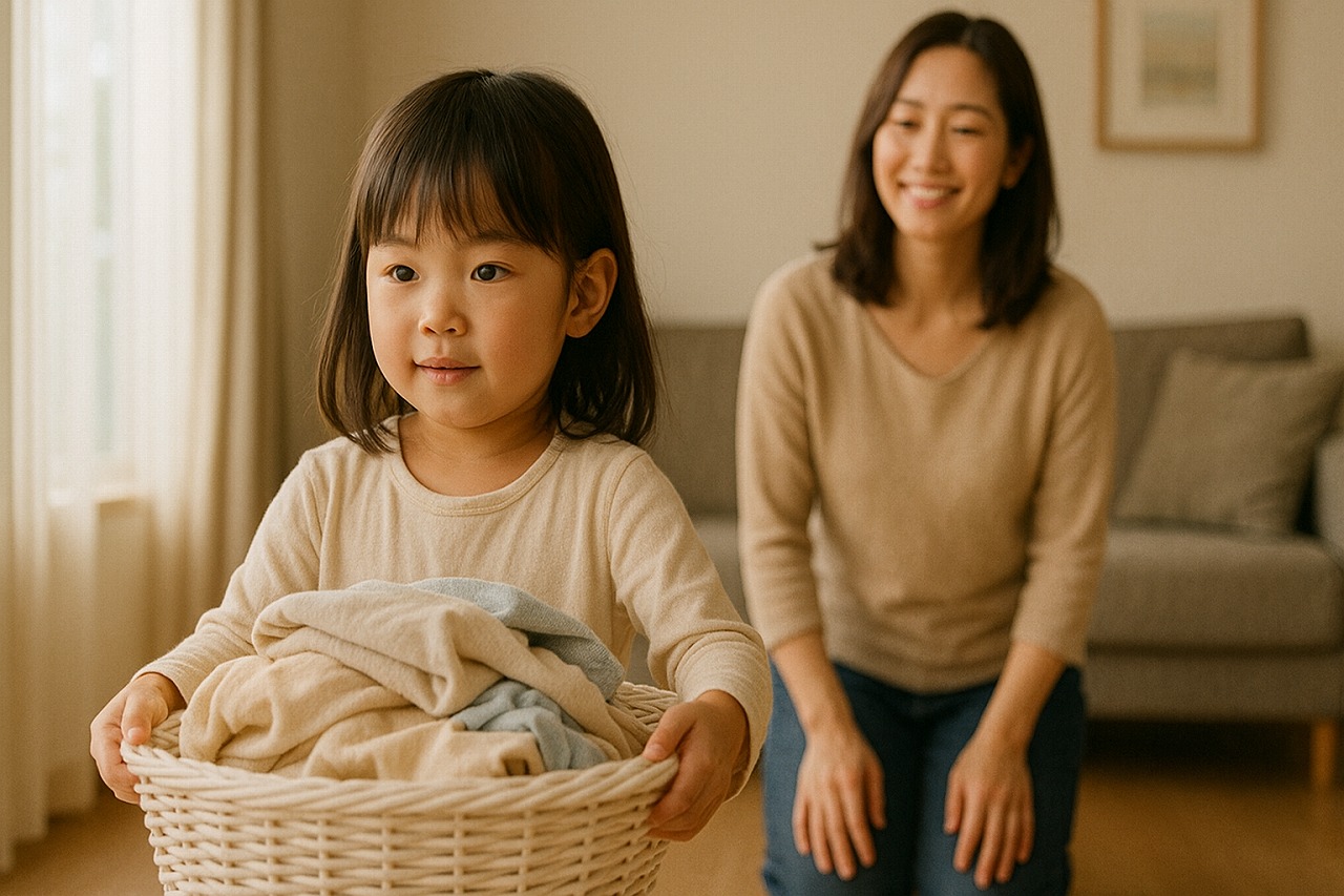 洗濯物を運ぶ子どもを見守る親。