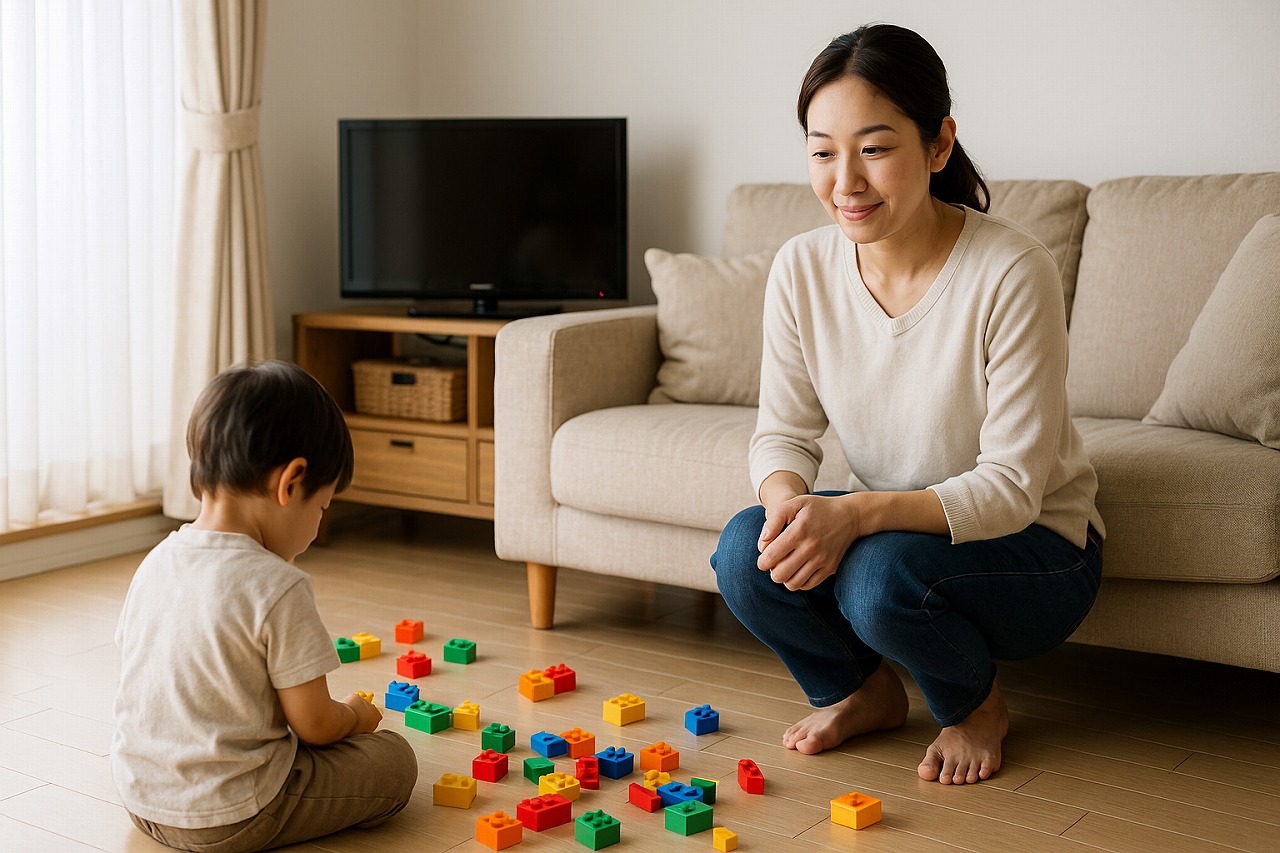 おもちゃが少し散らかったリビングで、親が落ち着いて子どもを見守っている様子の写真。