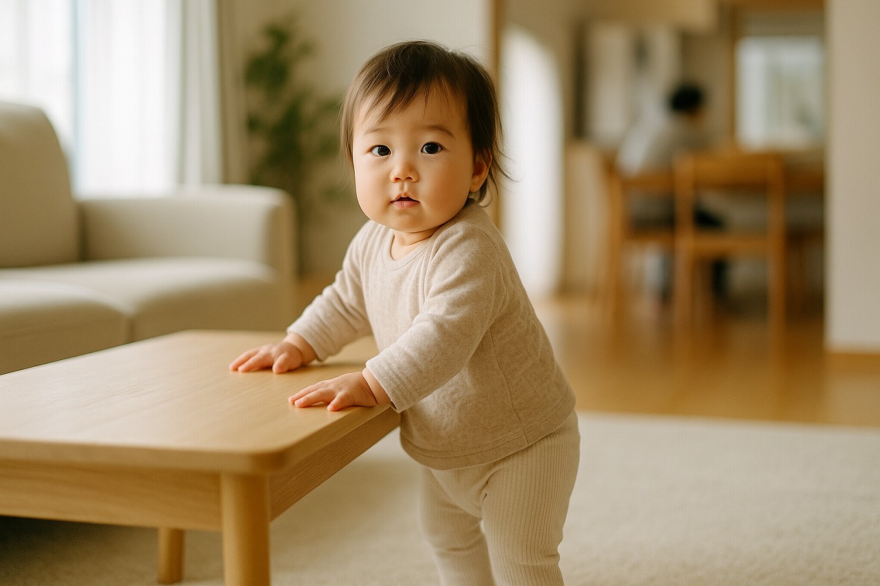 家庭のリビングで、1歳の女の子がテーブルにつかまり立ちしている様子。自然光に包まれた温かい雰囲気の写真。