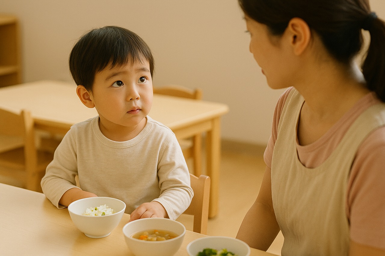 給食中、スプーンを持ちながら保育士に助けを求めるような表情を見せる幼児の様子。