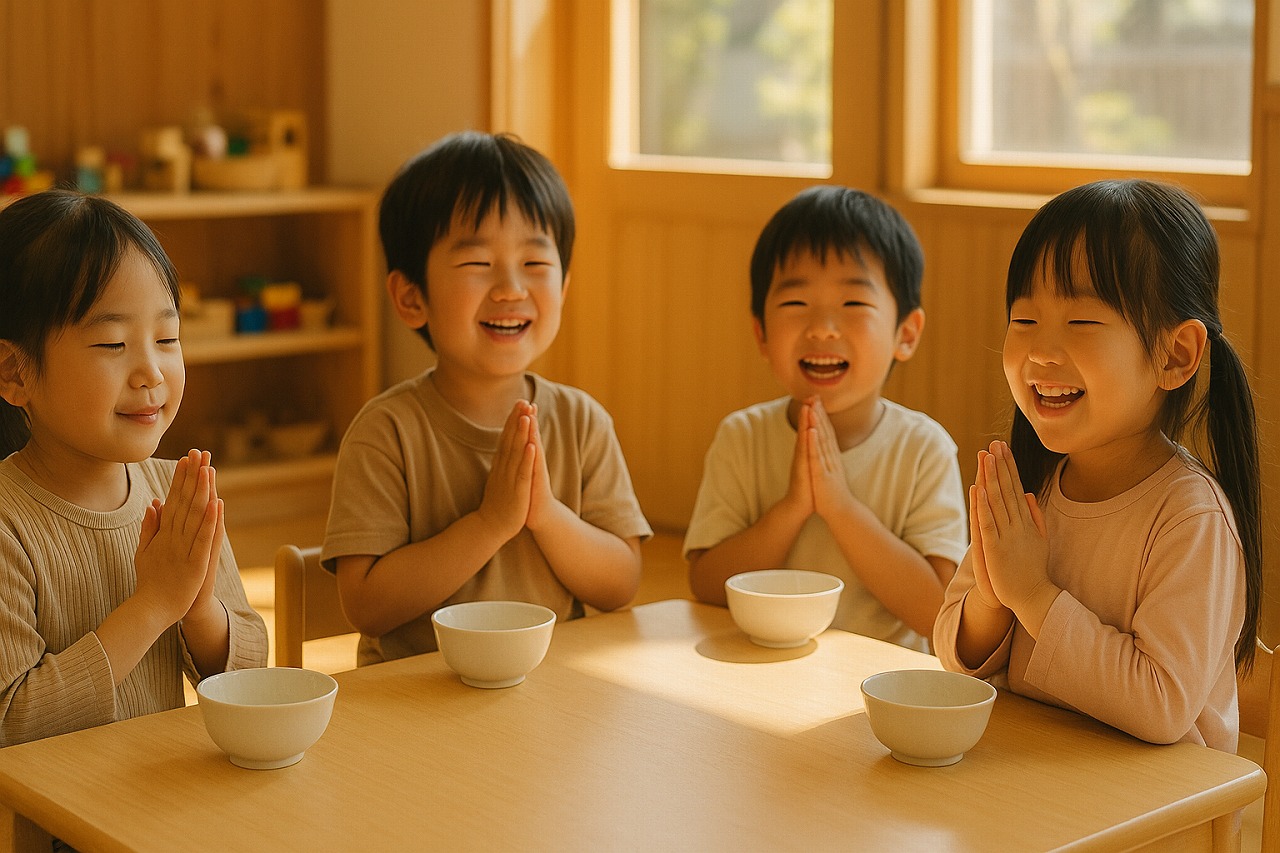給食前に手を合わせて感謝を伝える子どもたち。温かな雰囲気の保育室。