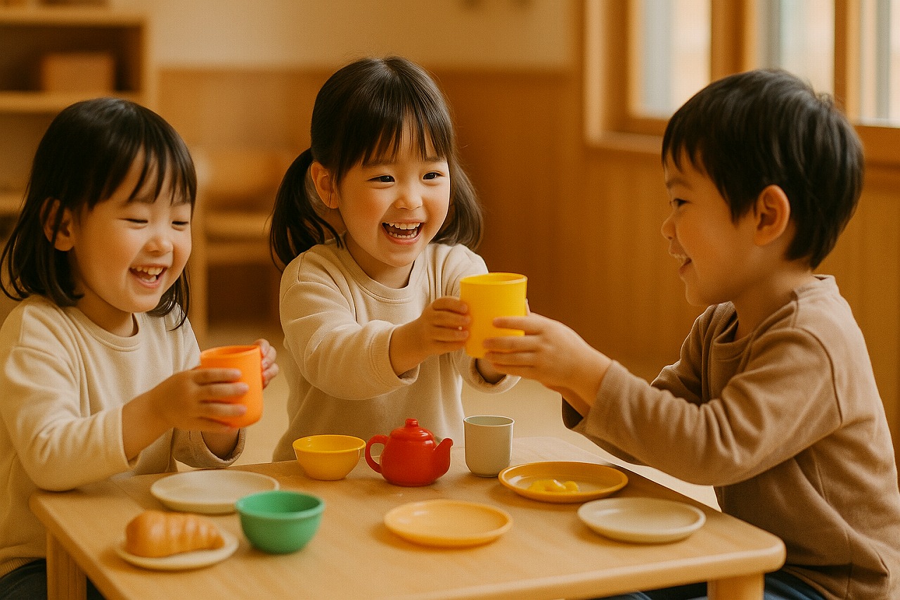 室内でおままごとをしている子どもたち。ごっこの中で優しく交流する姿。