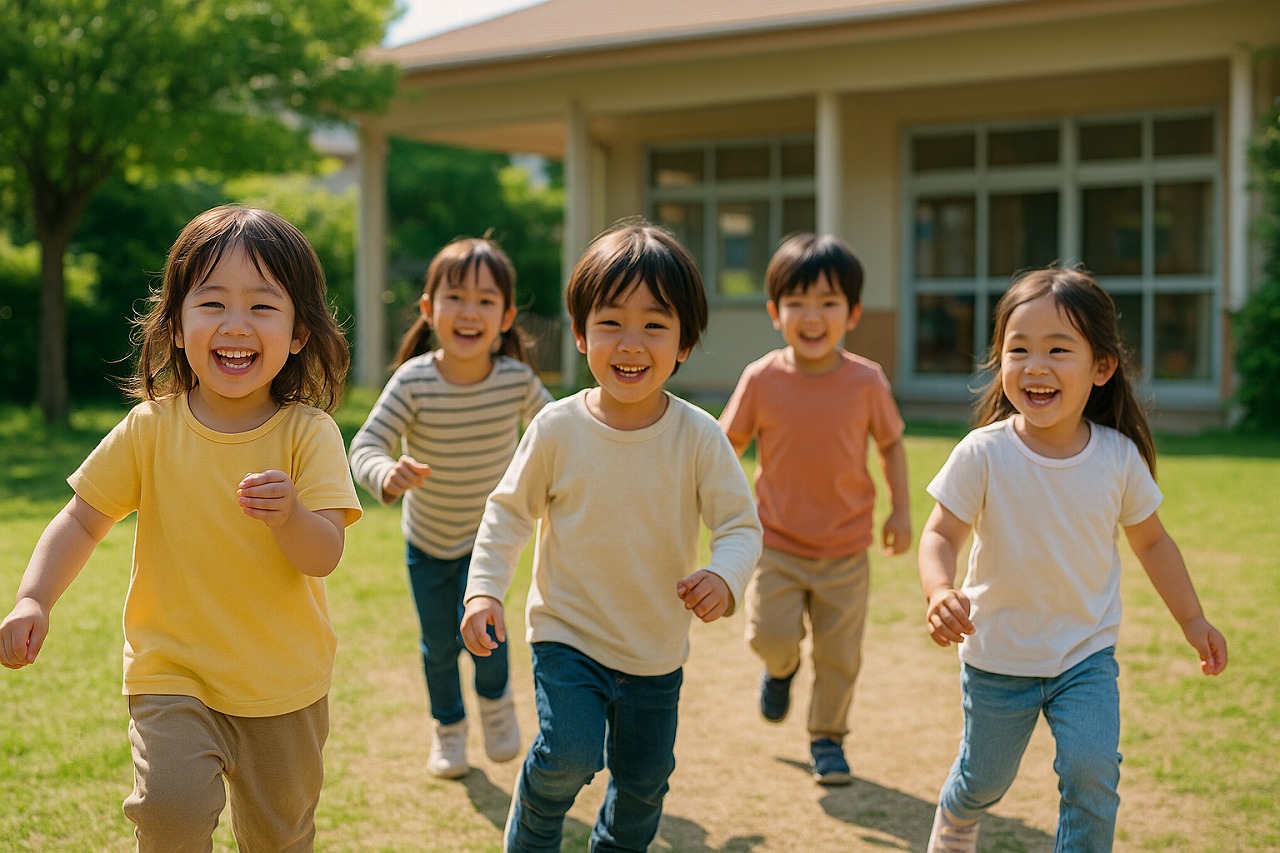 園庭で笑顔いっぱいに遊ぶ子どもたち。寄り添いながら育ち合う姿を感じる写真。