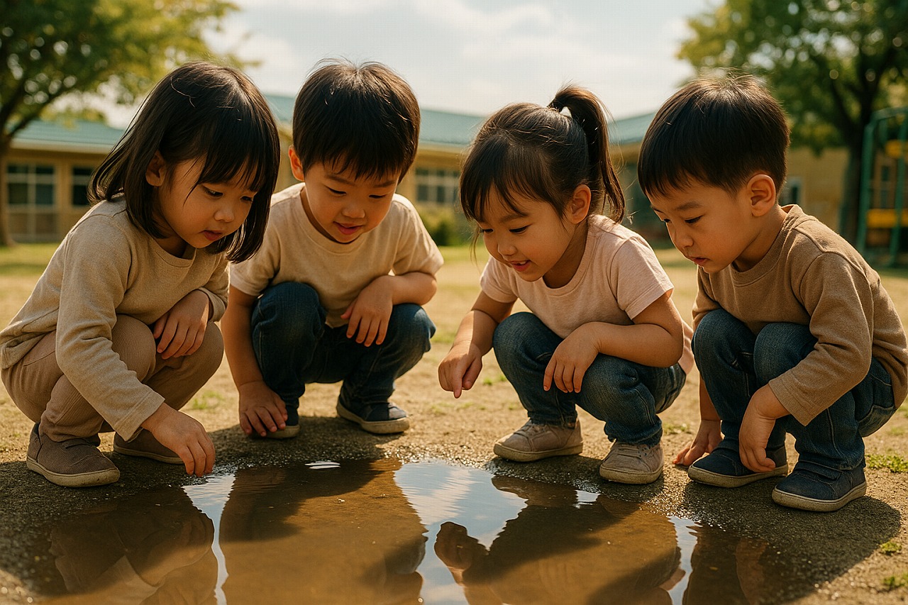 園庭で水たまりを覗き込みながら空を映して遊ぶ子どもたち。小さな発見に夢中になっている様子。