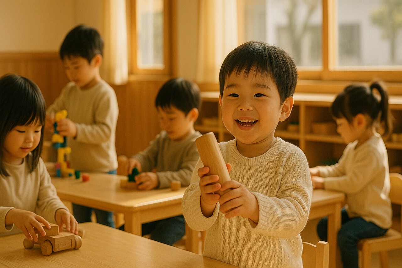 朝の光が差し込む保育室で遊ぶ子どもたち。温かい雰囲気の中に広がる日常のひとこま。