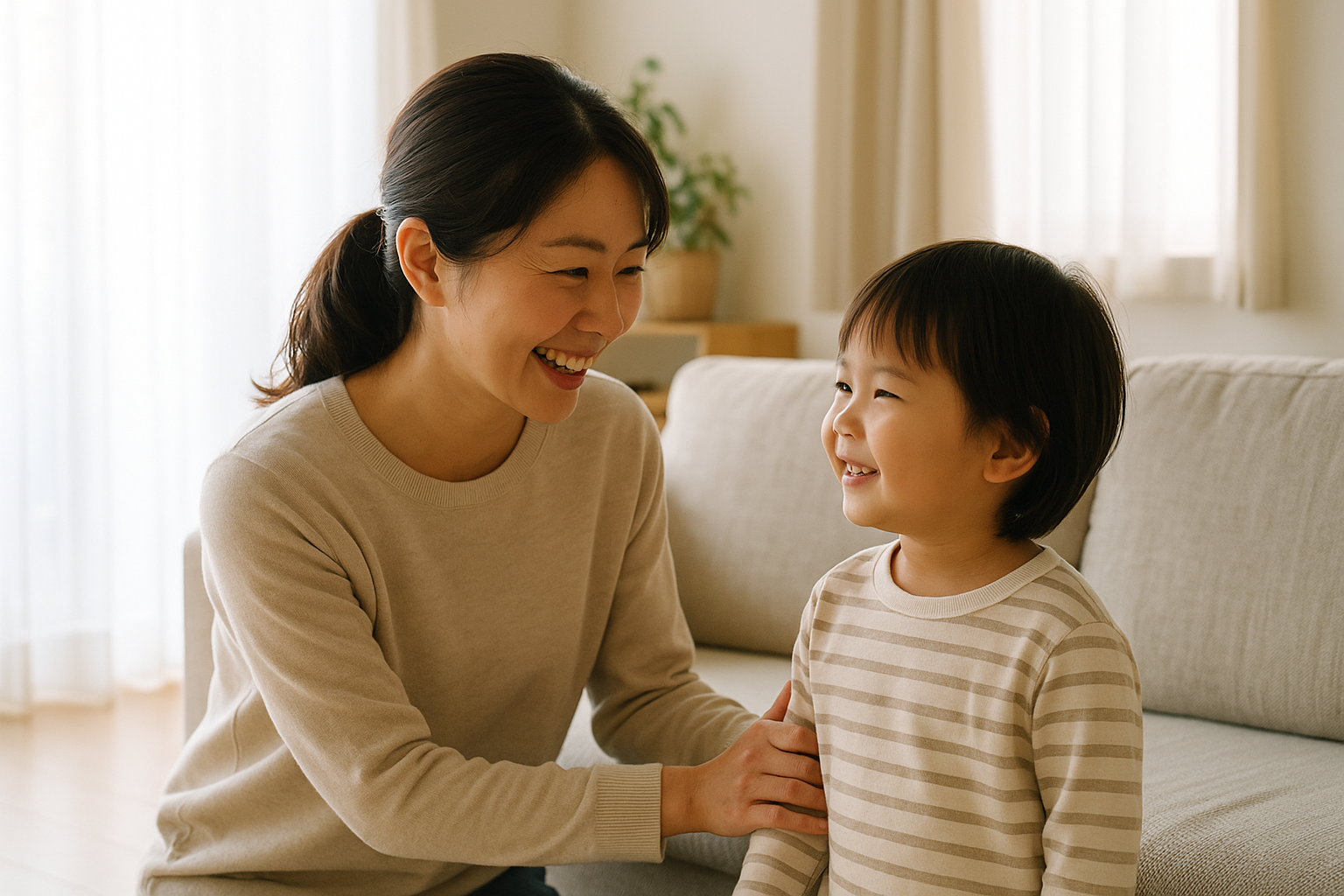 朝のリビングで、保護者が幼児に優しく声をかけている家庭シーン。