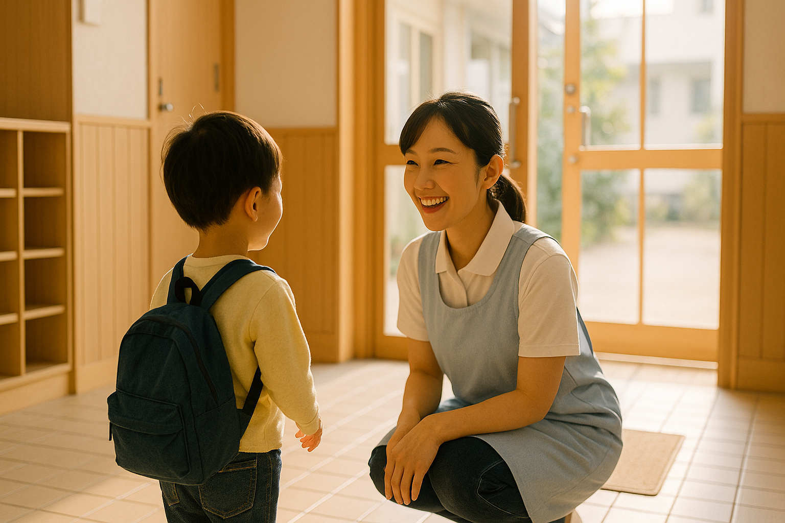 登園時、幼児が保育士に笑顔で挨拶している後ろ姿を写した玄関シーン。