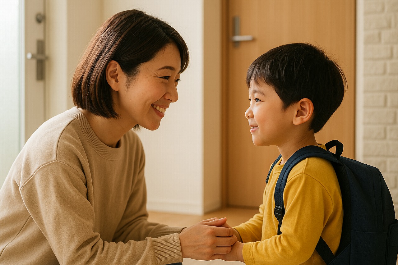 保育園へ行く前、玄関で親子がやさしく向き合い声をかけている場面。自然光が差し込む中、子どもが安心した表情を見せている様子。