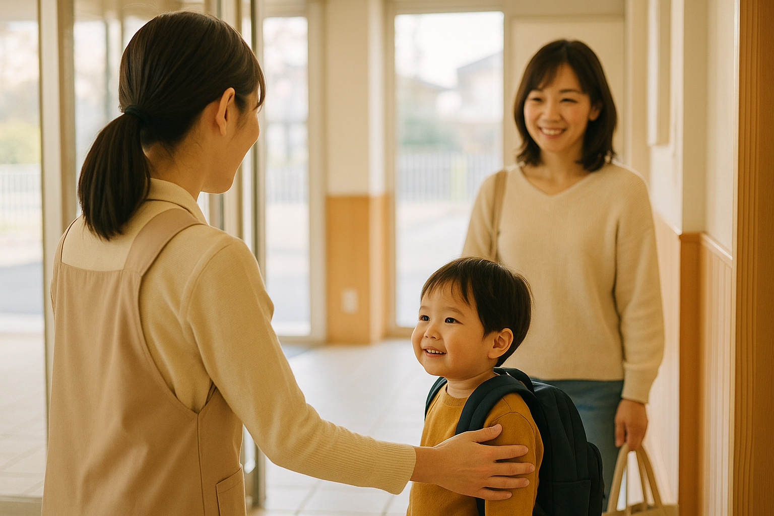 保育園の玄関で、保育士が登園した子どもと保護者をやさしく迎える朝の場面。柔らかな光が差し込む温かな雰囲気。