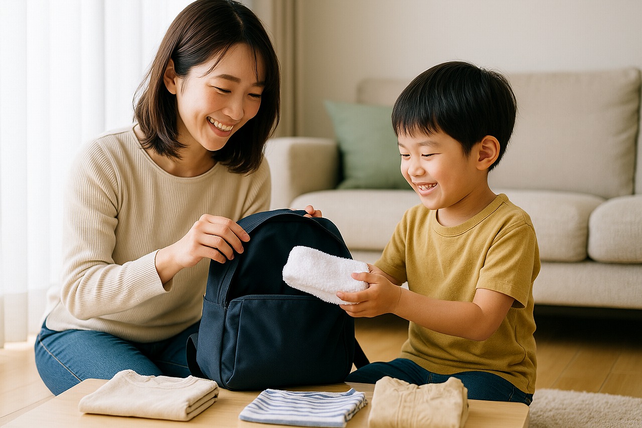 保育園の持ち物をリュックに入れるため、親子が一緒に準備している場面。自然光に包まれた室内で、穏やかな表情の子どもが作業に参加している様子。