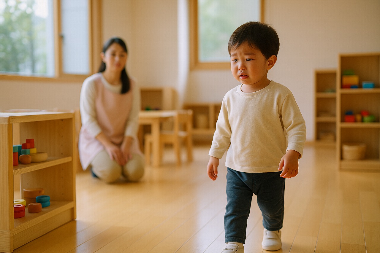 保育室で、子どもが保育士に見守られながら遊びへ向かい始めている場面。  filename：