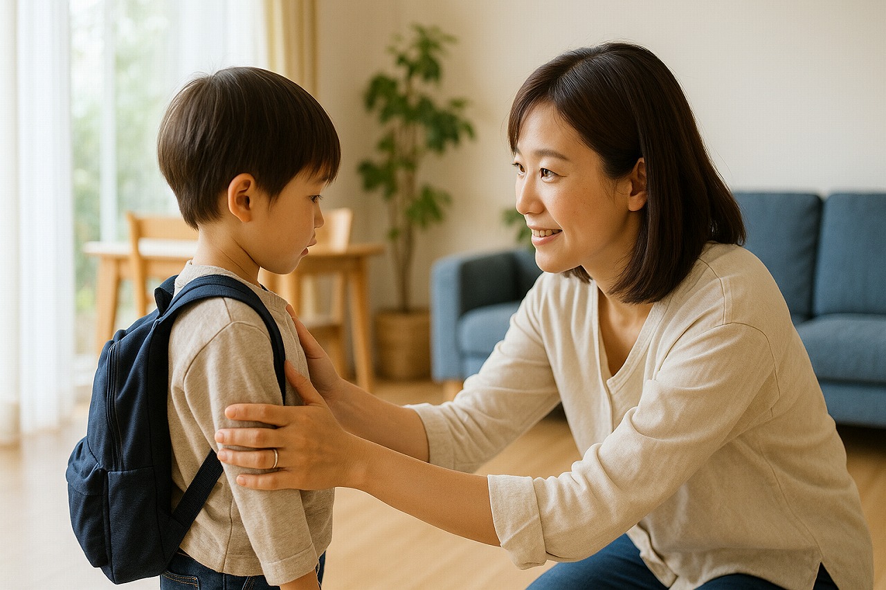 朝の支度をする子どもに、親が優しく声をかけながらサポートしている様子を撮影した写真。