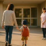 保育園の玄関前で、朝の自然光に包まれながら登園する親子の後ろ姿。子どもは保護者の手を握り、保育士が少し離れた場所から優しく見守っている様子を写した写真風イメージ。